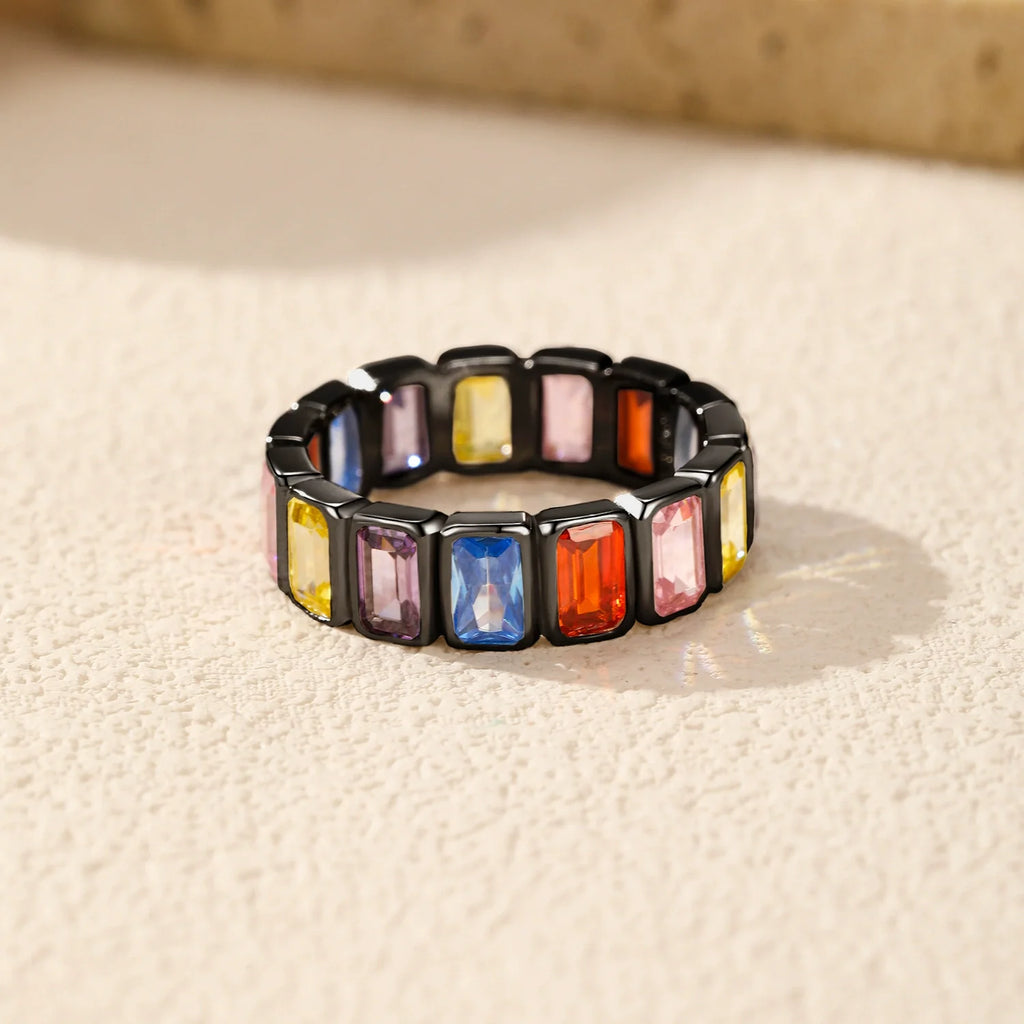 S925 Sterling Silver Geometric Rainbow Square Ring 