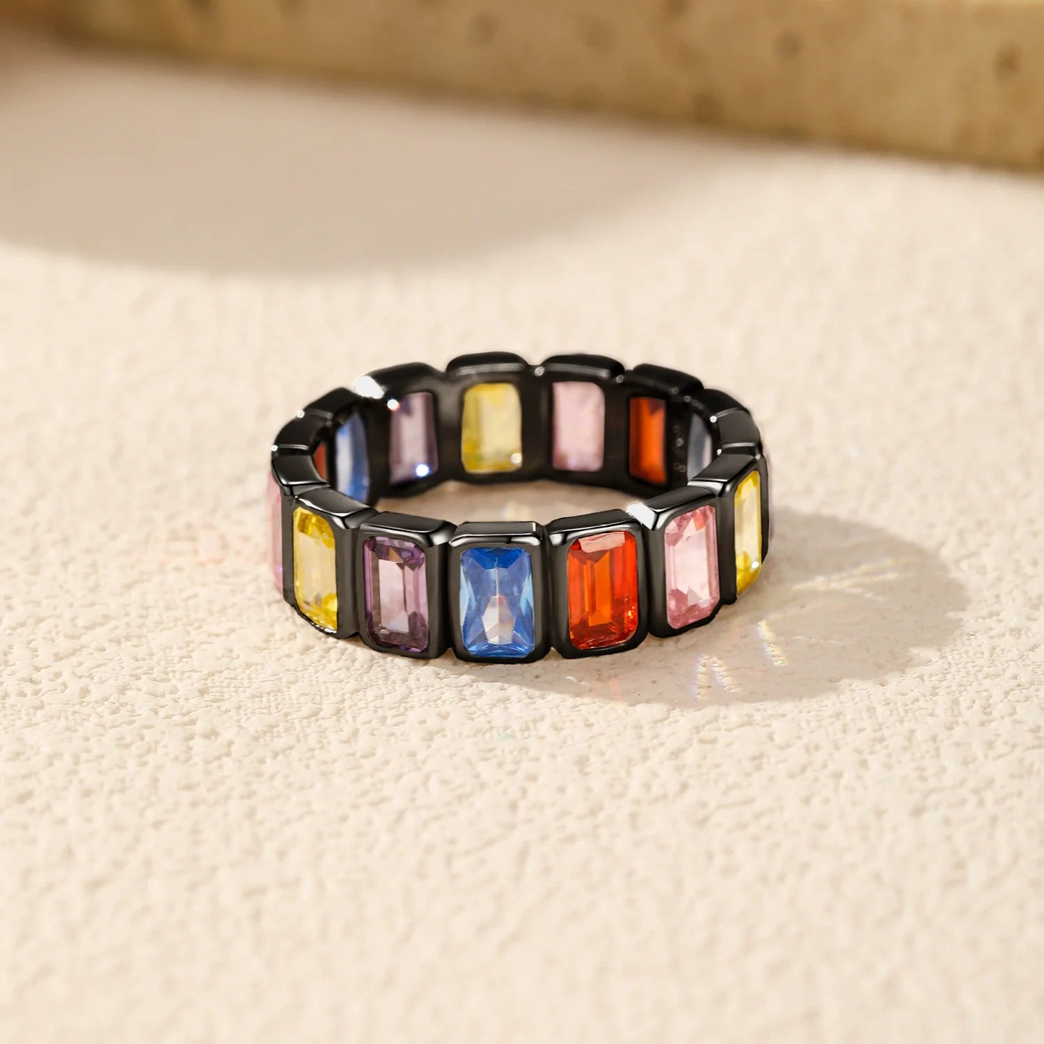 S925 Sterling Silver Geometric Rainbow Square Ring 