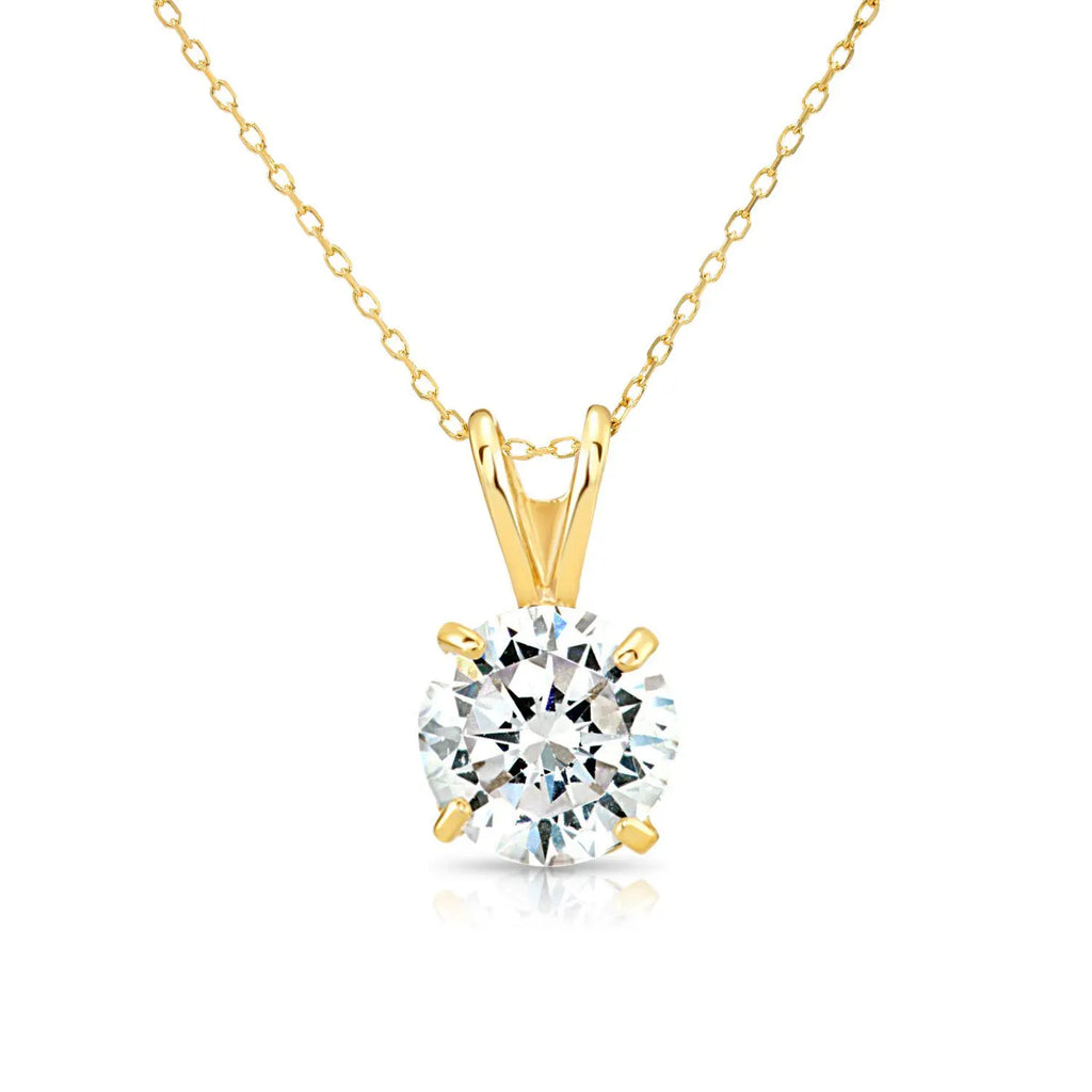 14K Yellow Gold CZ Pendant Charm, Solitaire Necklace with Brilliant Round-Cut Simulated Diamond Center Stone 