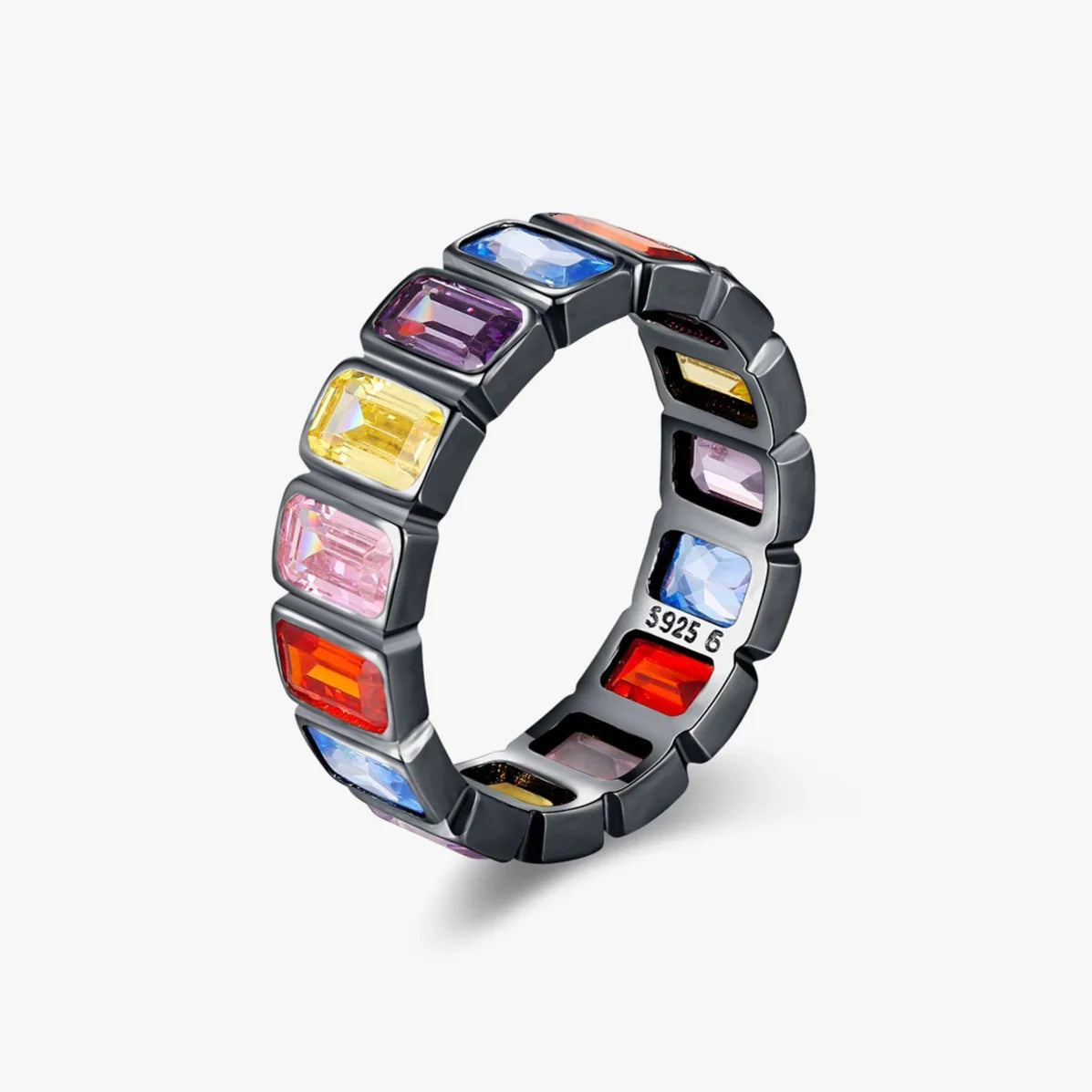 S925 Sterling Silver Geometric Rainbow Square Ring 