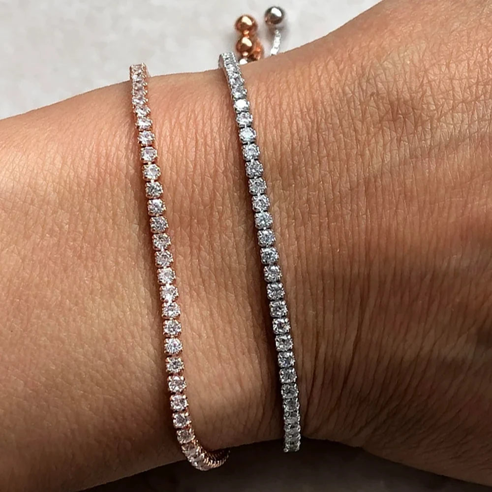 2mm Round Moissanite Tennis Bracelet for Women, D Color Lab-Created Diamond, 925 Sterling Silver with 18K White Gold Plating, Adjustable Chain