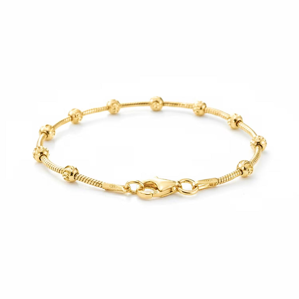 Sterling Silver Gold Plated Diamond-Cut Moon Bracelet, Beaded Ball Station Chain Bracelet, 7", 7.5", with Secure Lobster Lock