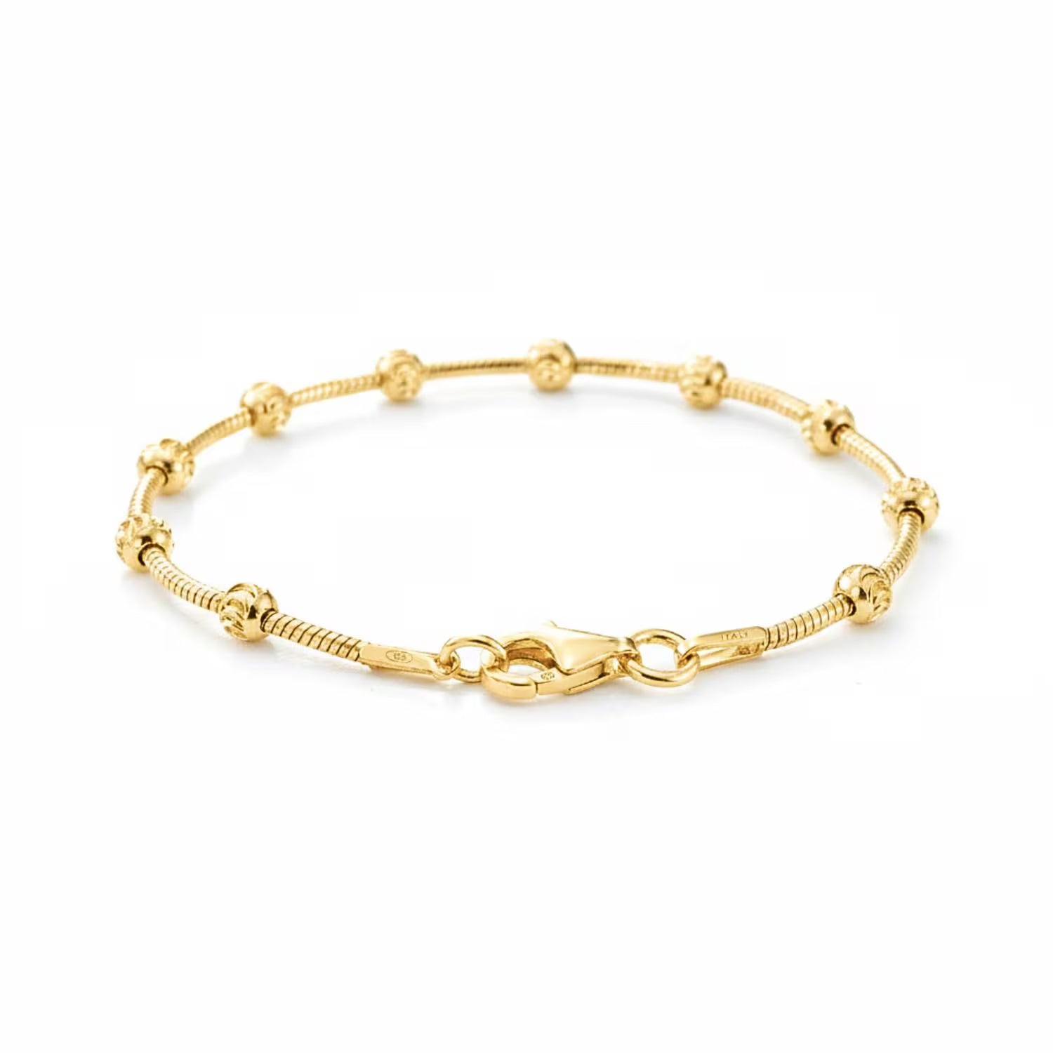 Sterling Silver Gold Plated Diamond-Cut Moon Bracelet, Beaded Ball Station Chain Bracelet, 7", 7.5", with Secure Lobster Lock