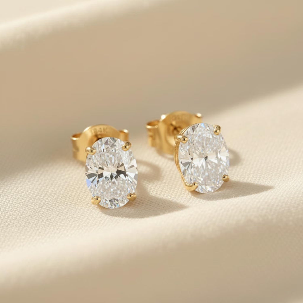 14K Solid Yellow Gold Oval CZ Basket Set Stud Earrings, Push Back and Sleeper Design,