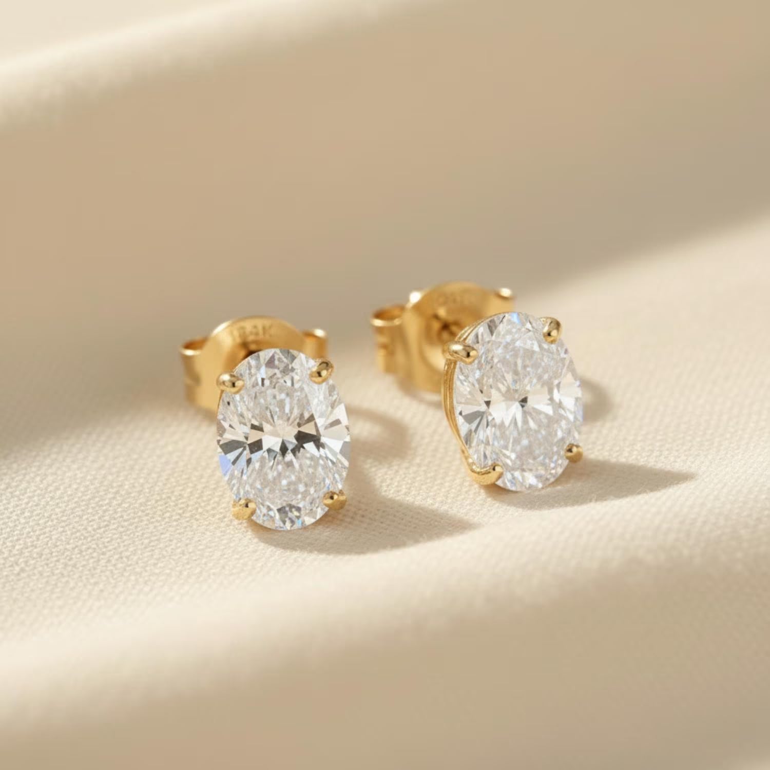 14K Solid Yellow Gold Oval CZ Basket Set Stud Earrings, Push Back and Sleeper Design,