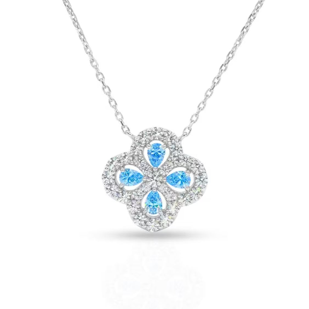 Sterling Silver Blue CZ Clover Charm Pendant Necklace 