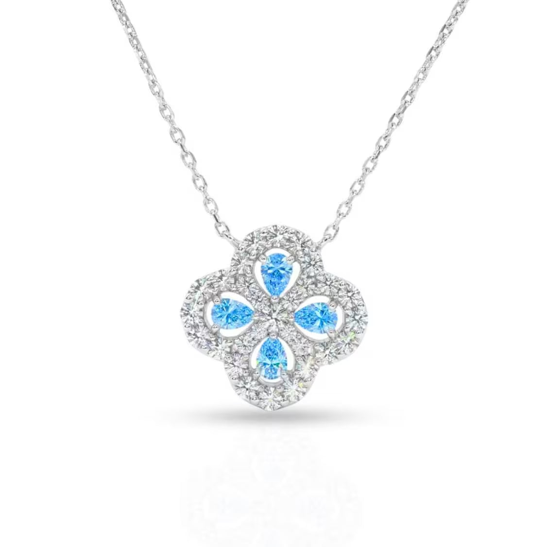 Sterling Silver Blue CZ Clover Charm Pendant Necklace 