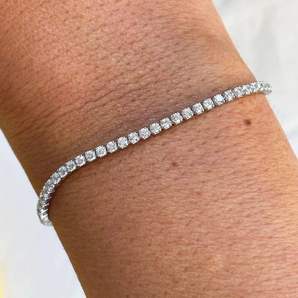 2mm Round Moissanite Tennis Bracelet for Women, D Color Lab-Created Diamond, 925 Sterling Silver with 18K White Gold Plating, Adjustable Chain