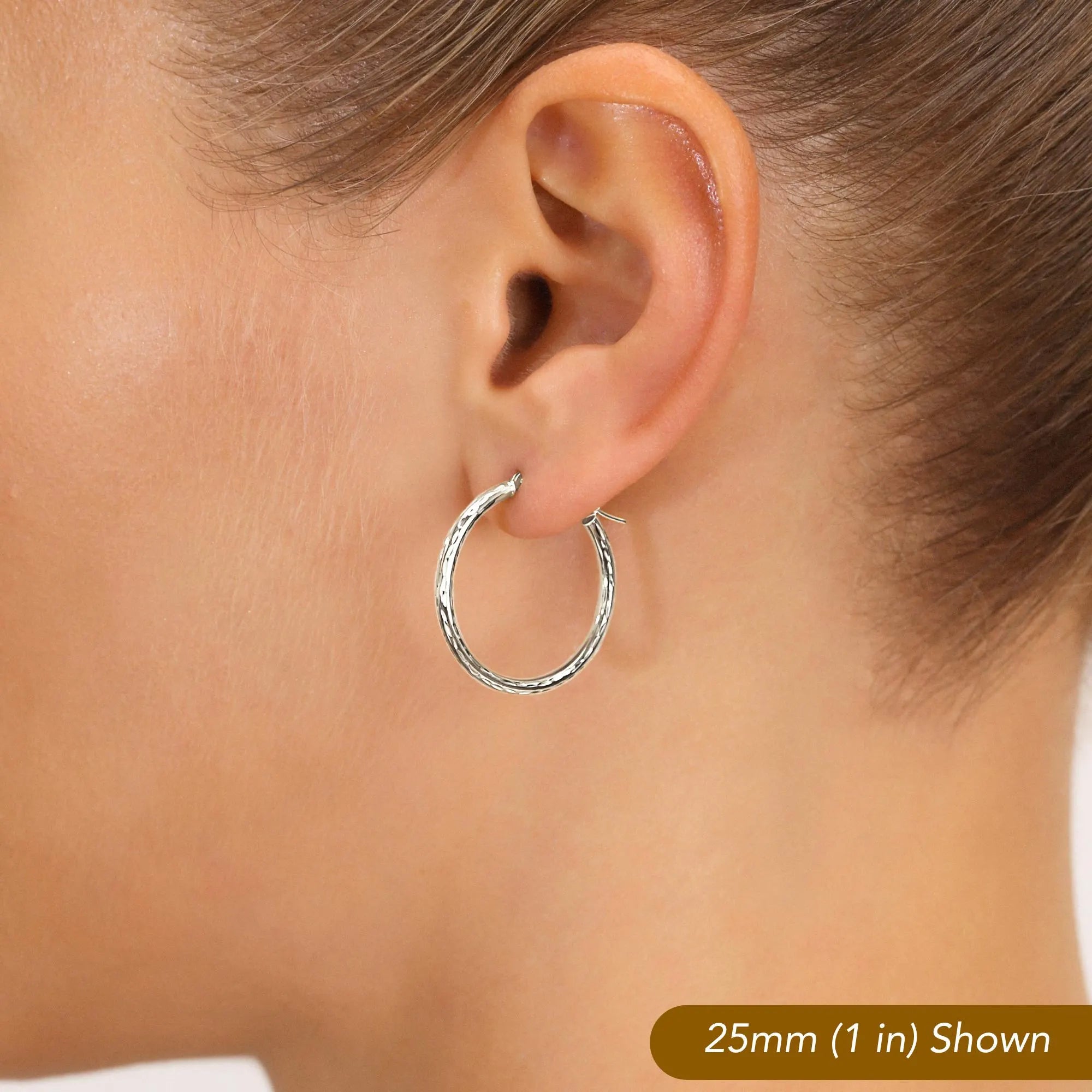 10K White Gold round Diamond-Cut Hoop Earrings, Hand Engraved All around Hoops