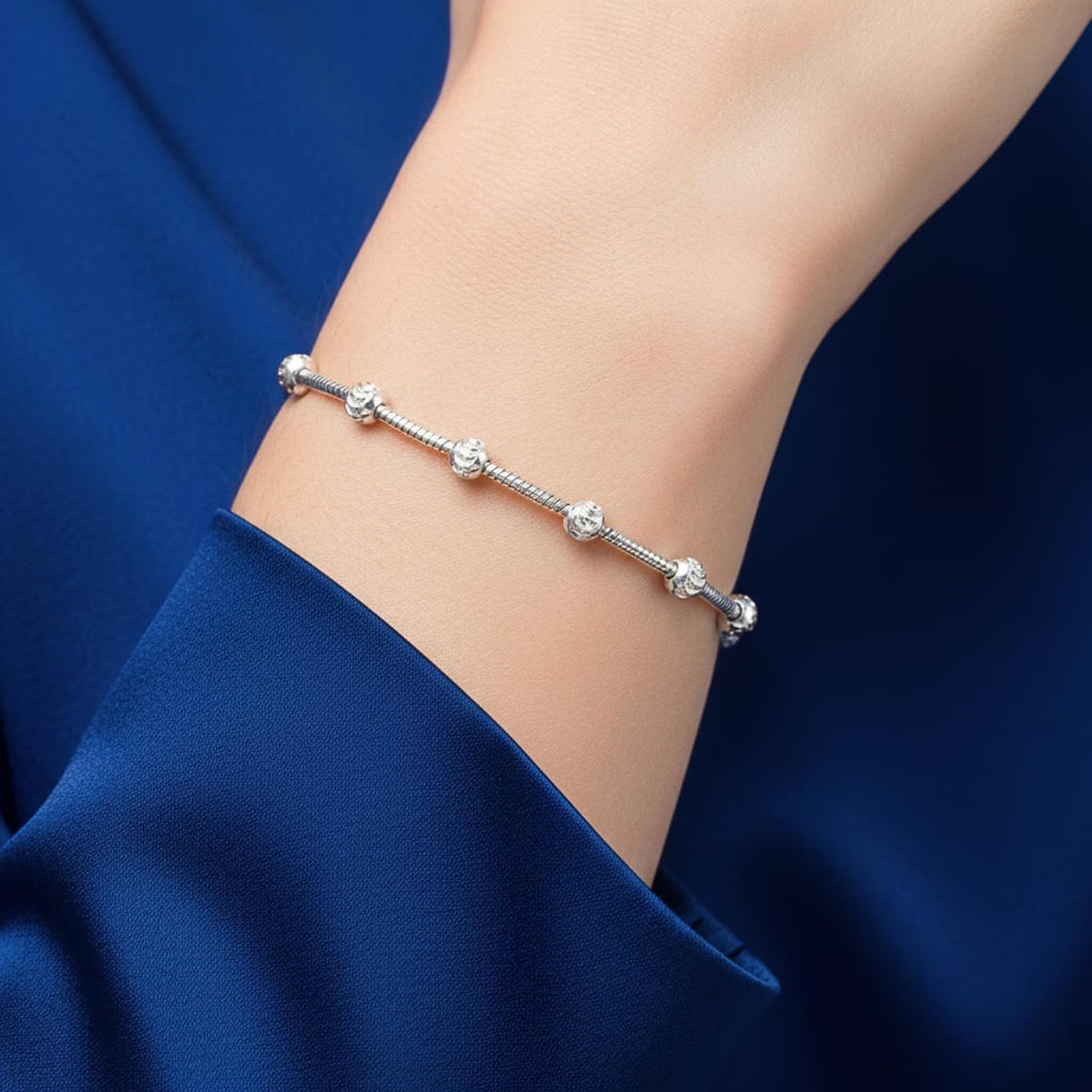 Sterling Silver Diamond-Cut Moon Bracelet, Beaded Ball Station Chain Bracelet, 7", 7.5", with Secure Lobster Lock