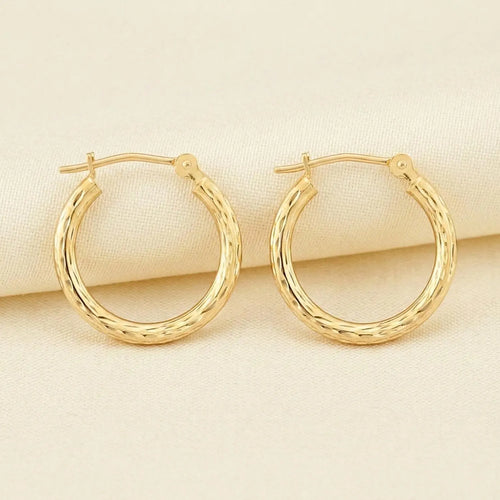 10K Yellow Gold round Diamond-Cut Hoop Earrings, Hand Engraved All around Hoops