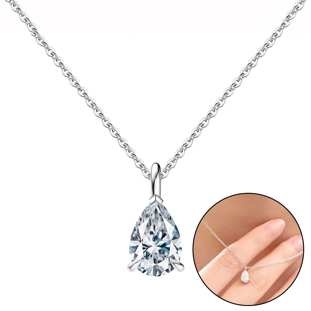 Solitaire Moissanite Pendant Necklace for Women in Pear, Oval, Marquise, and Emerald Cuts - S925 Silver Jewelry, Available in 1CT and 2CT