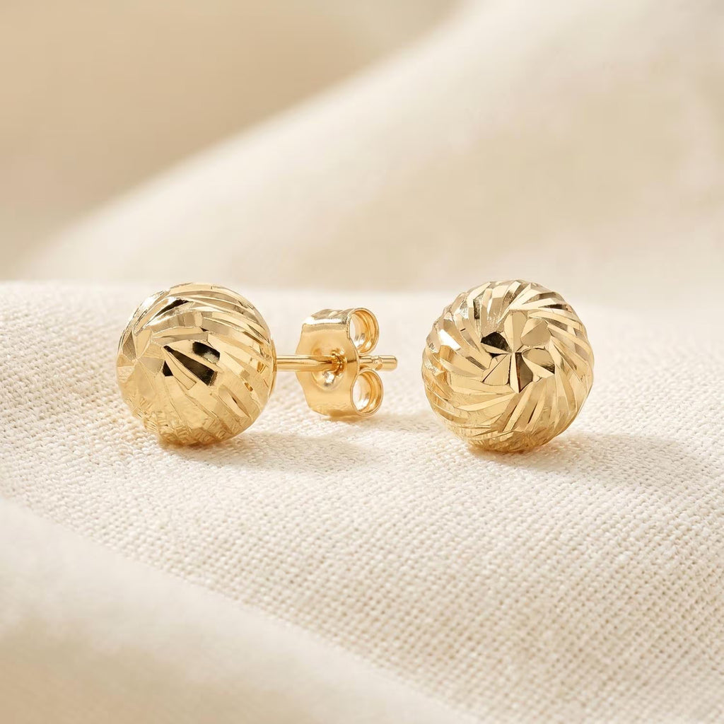 14K Gold Spiral Engraved Ball Stud Earrings with Pushback Closure and Hand-Engraved Diamond-Cut Accents 