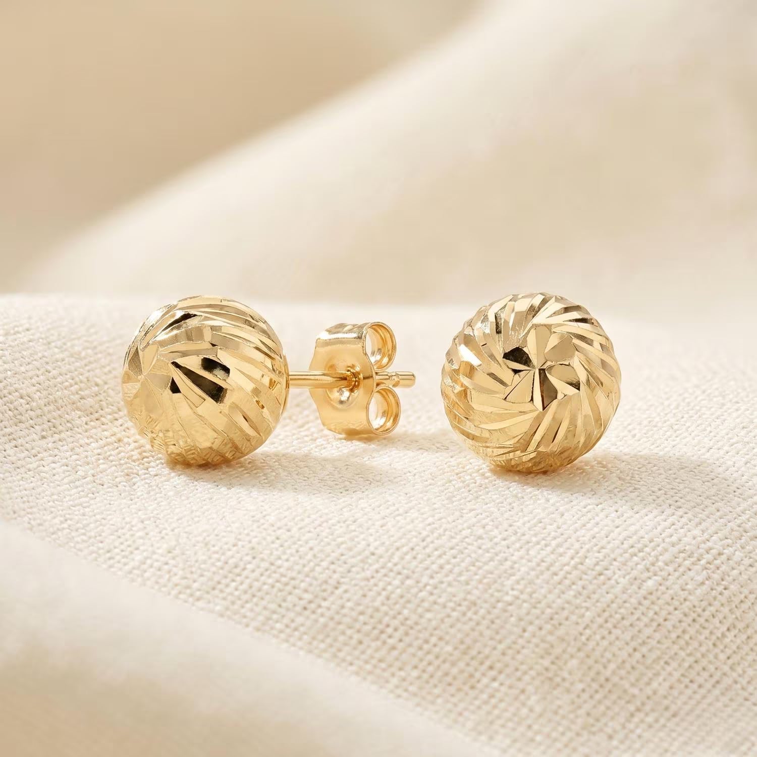 14K Gold Spiral Engraved Ball Stud Earrings with Pushback Closure and Hand-Engraved Diamond-Cut Accents 