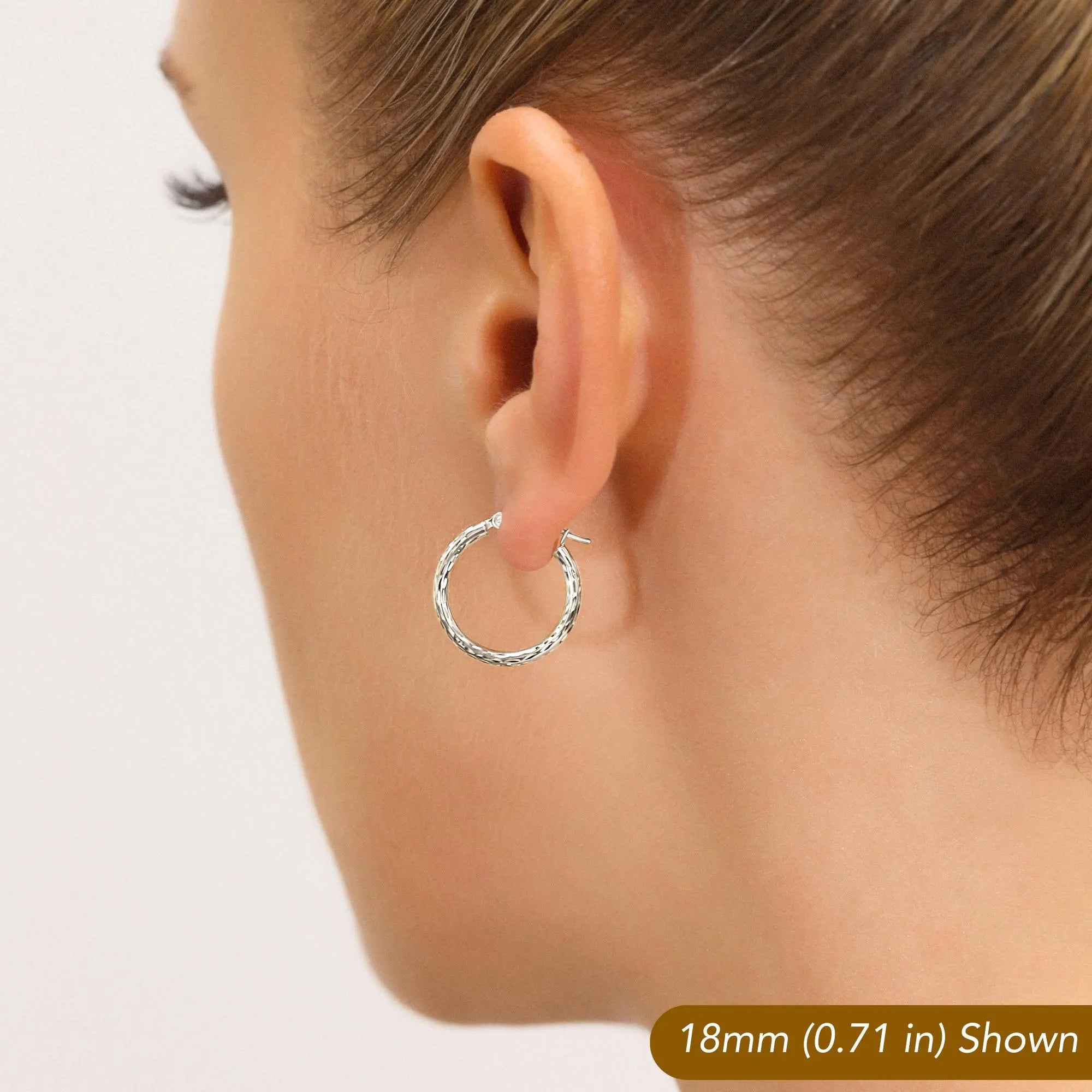 10K White Gold round Diamond-Cut Hoop Earrings, Hand Engraved All around Hoops