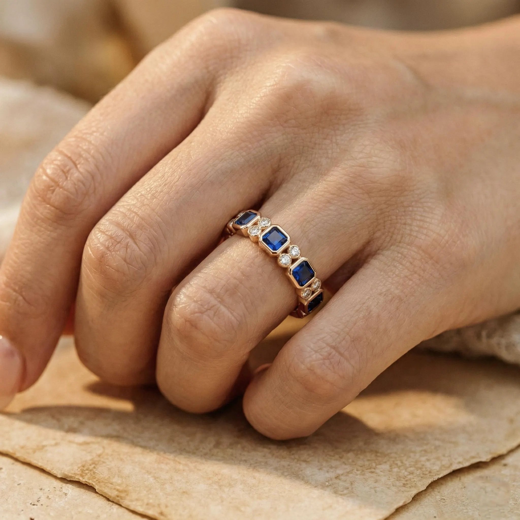 Moissanite and Blue Sapphire Eternity Ring 