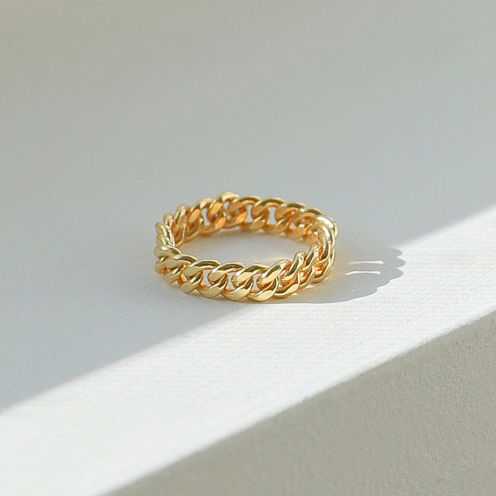 18K Gold Curb Chain Stacking Ring - Thick Chain Statement Ring