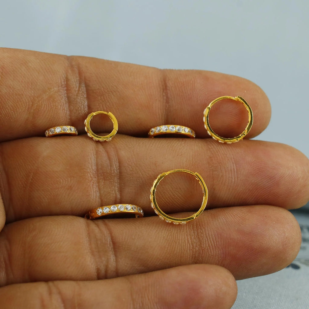 22K Solid Gold Hoop Earrings with Zircon Accents, Huggie Style