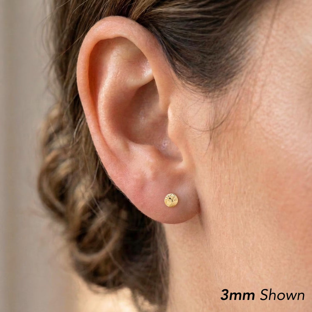 14K Gold Spiral Engraved Ball Stud Earrings with Pushback Closure and Hand-Engraved Diamond-Cut Accents 