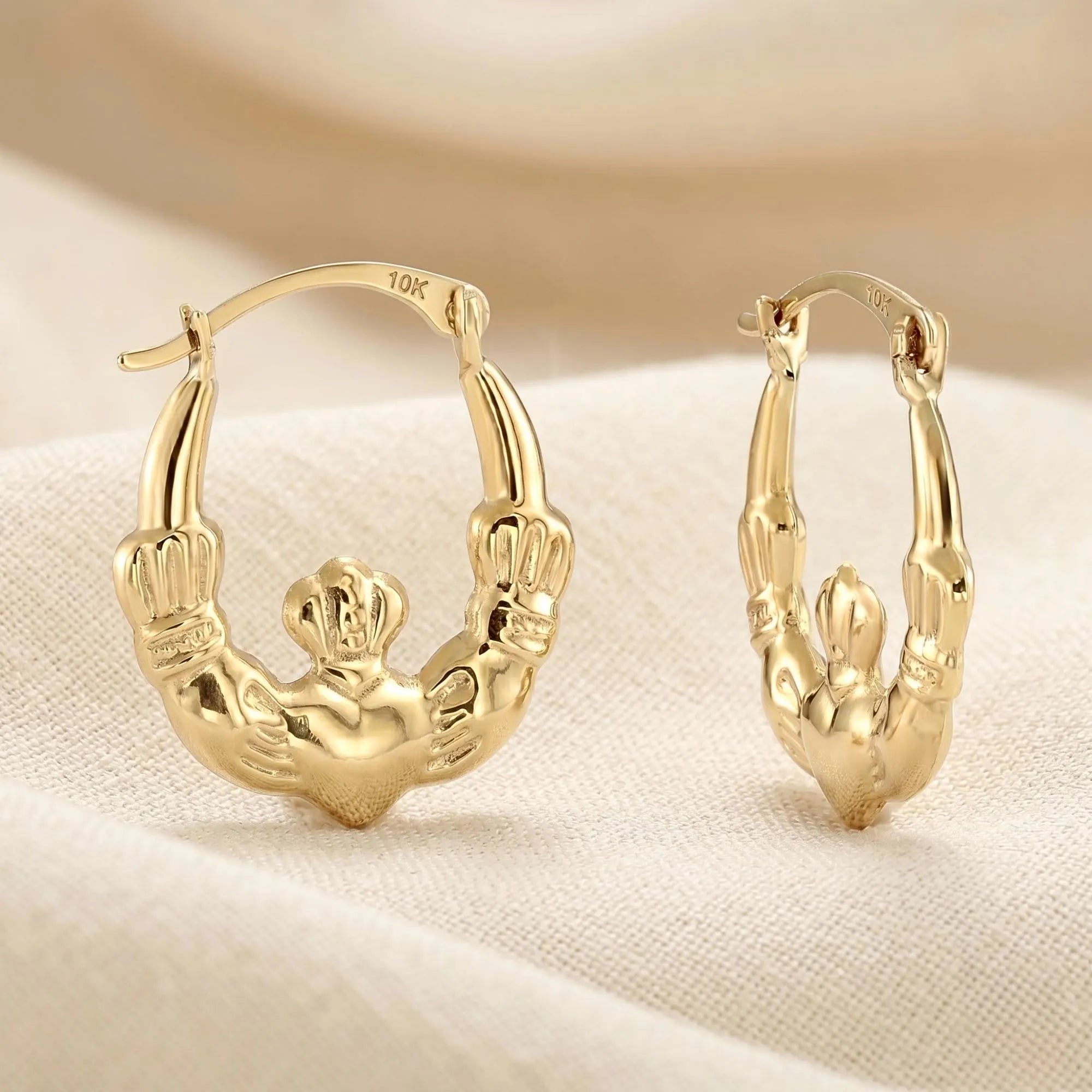 10K Yellow Gold Heart and Crown Claddagh Hoop Earrings 