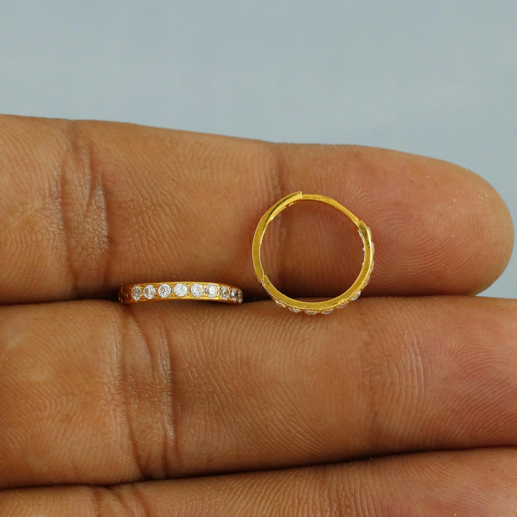 22K Solid Gold Hoop Earrings with Zircon Accents, Huggie Style