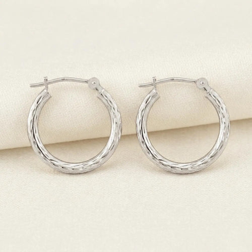 10K White Gold round Diamond-Cut Hoop Earrings, Hand Engraved All around Hoops