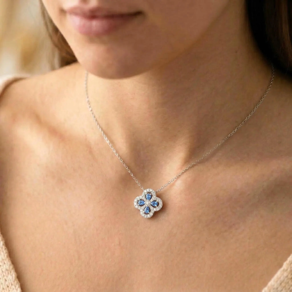 Sterling Silver Blue CZ Clover Charm Pendant Necklace 