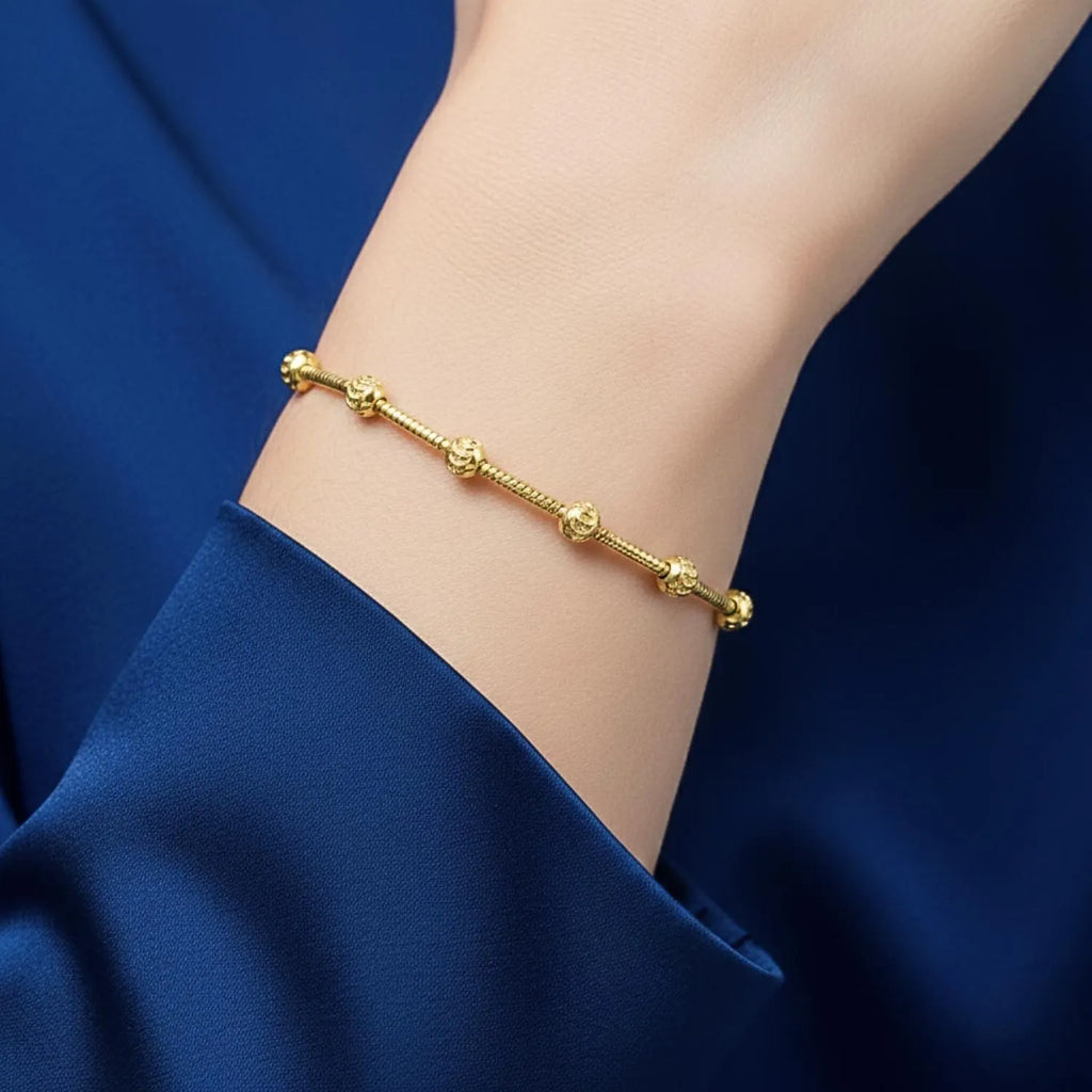 Sterling Silver Gold Plated Diamond-Cut Moon Bracelet, Beaded Ball Station Chain Bracelet, 7", 7.5", with Secure Lobster Lock