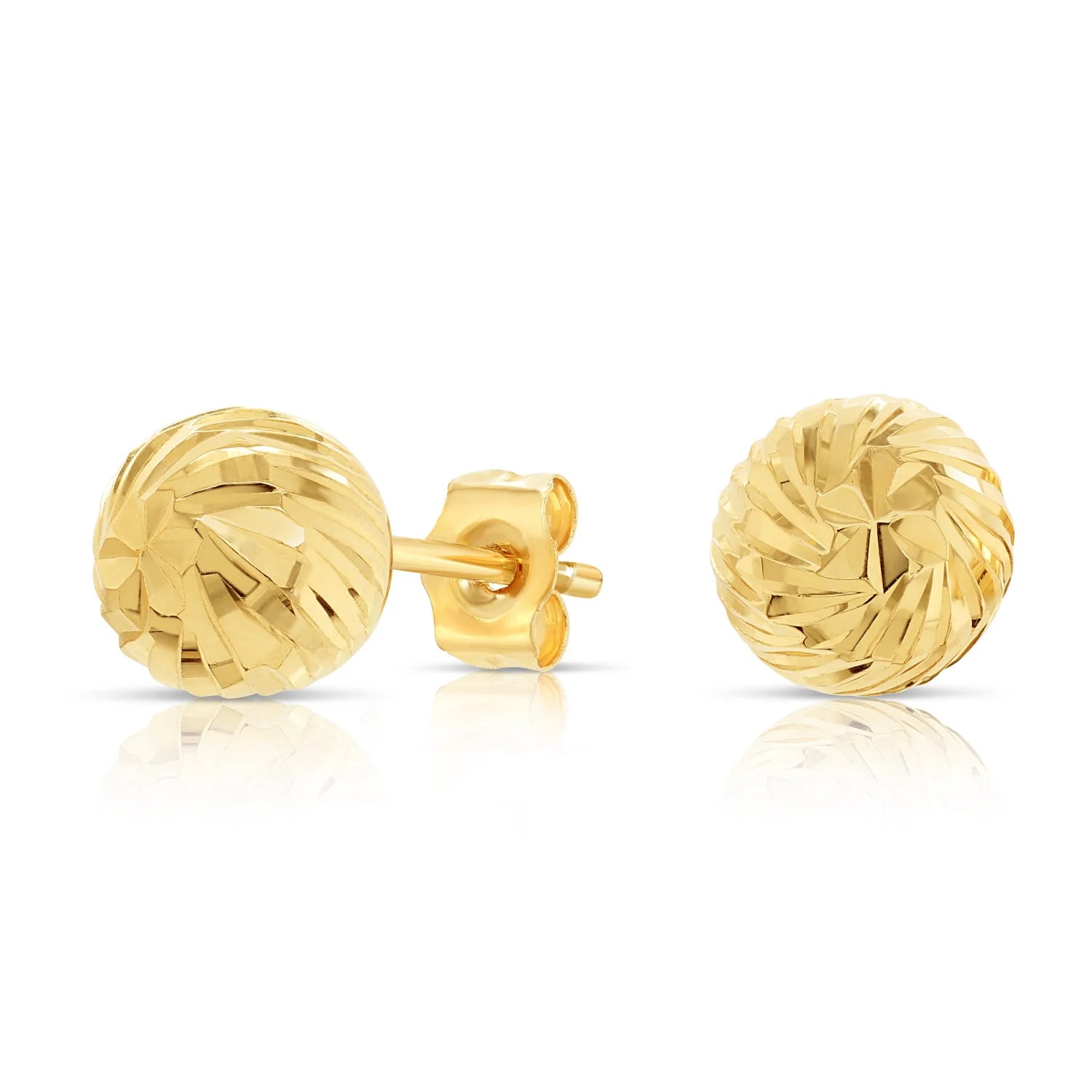 14K Gold Spiral Engraved Ball Stud Earrings with Pushback Closure and Hand-Engraved Diamond-Cut Accents 