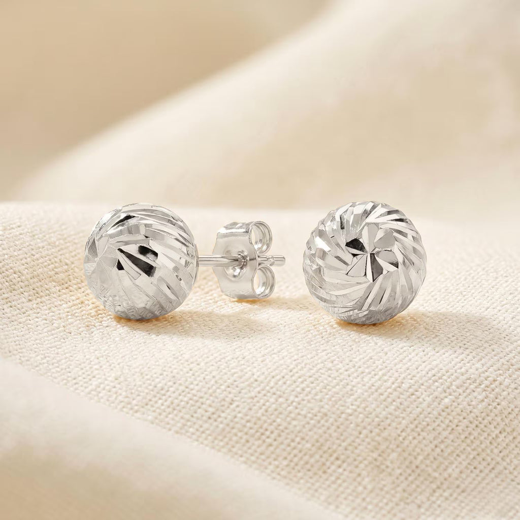 14K White Gold Spiral Engraved Ball Stud Earrings with Pushback Closure and Hand-Engraved Diamond-Cut Details