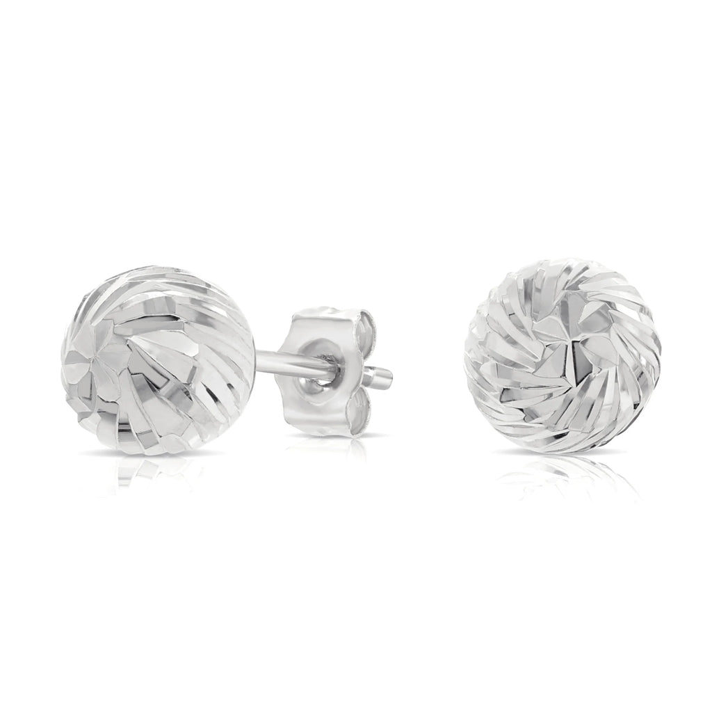 14K White Gold Spiral Engraved Ball Stud Earrings with Pushback Closure and Hand-Engraved Diamond-Cut Details