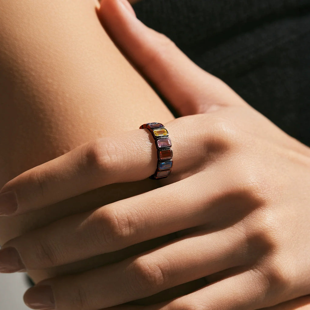 S925 Sterling Silver Geometric Rainbow Square Ring 