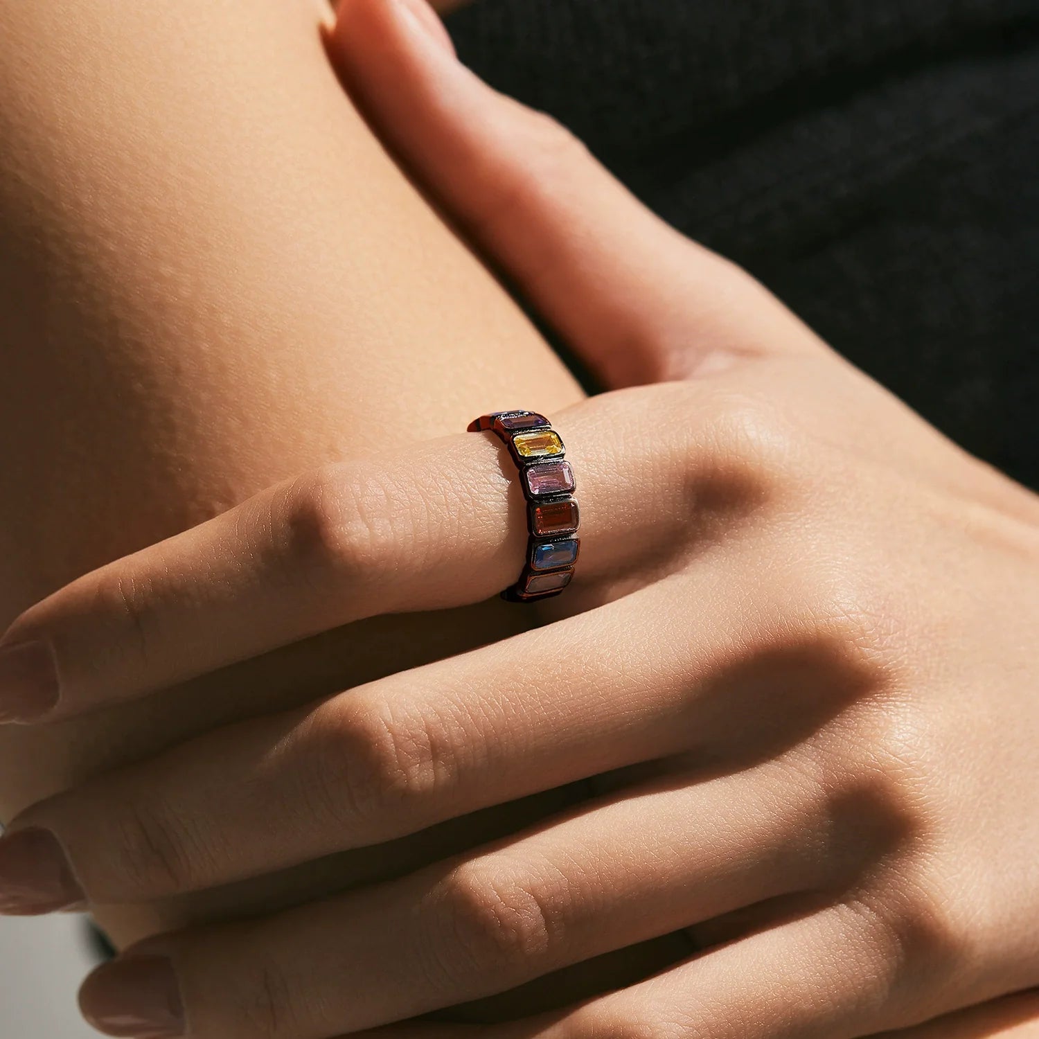 S925 Sterling Silver Geometric Rainbow Square Ring 