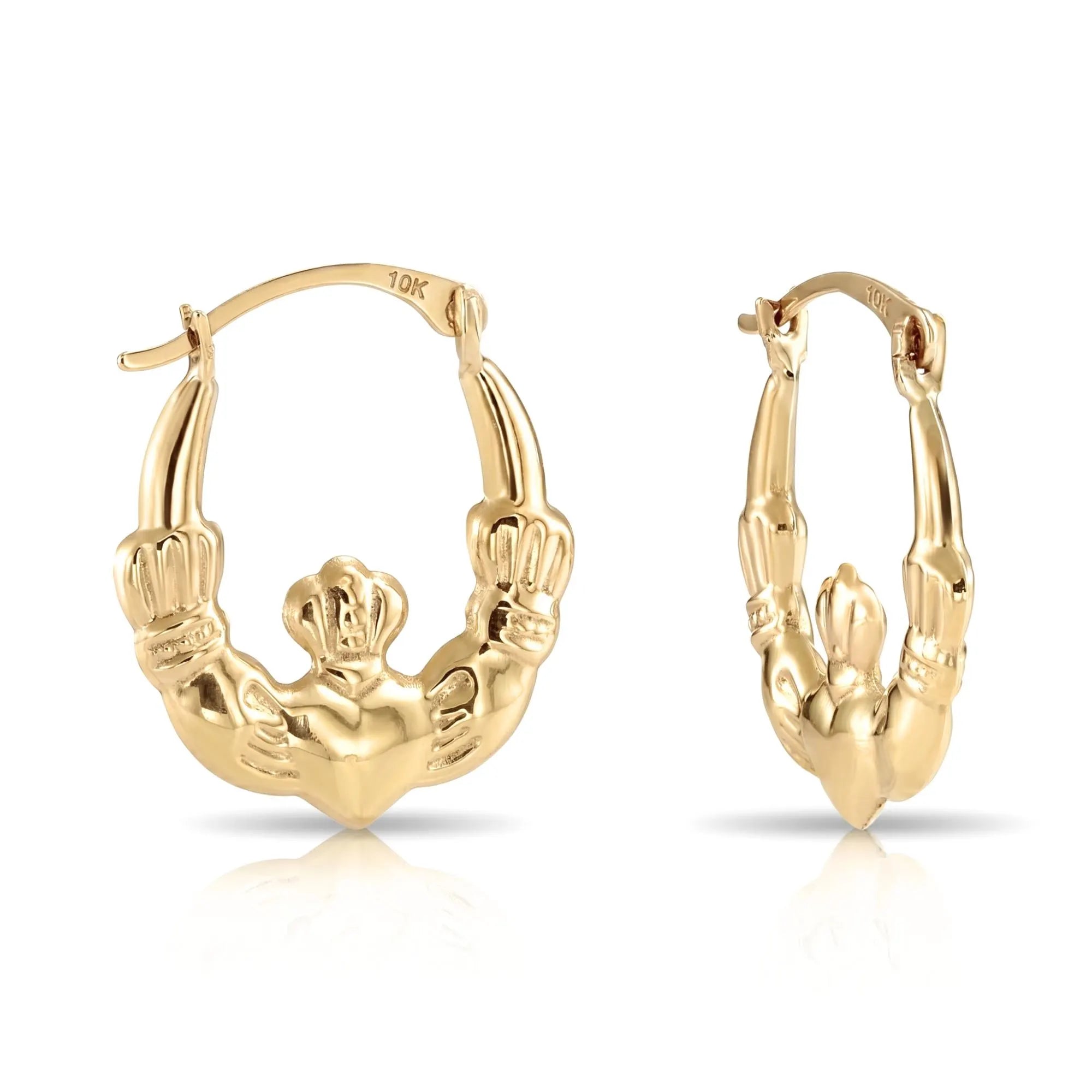 10K Yellow Gold Heart and Crown Claddagh Hoop Earrings 