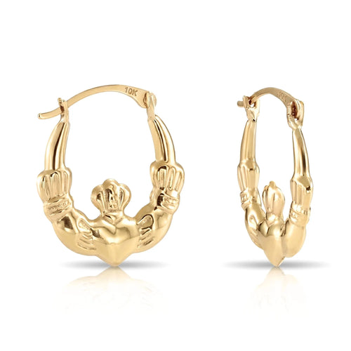 10K Yellow Gold Heart and Crown Claddagh Hoop Earrings 