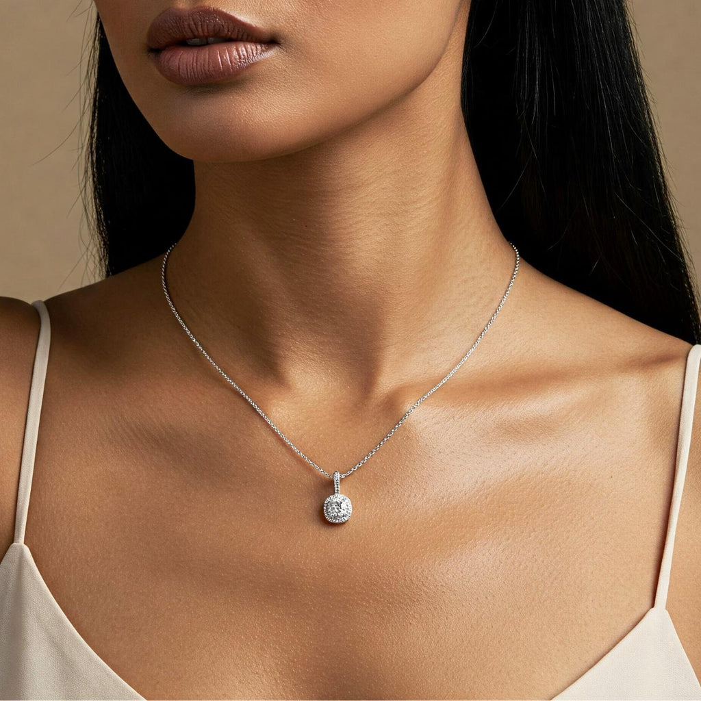 Sterling Silver Round Halo CZ Pendant Necklace 