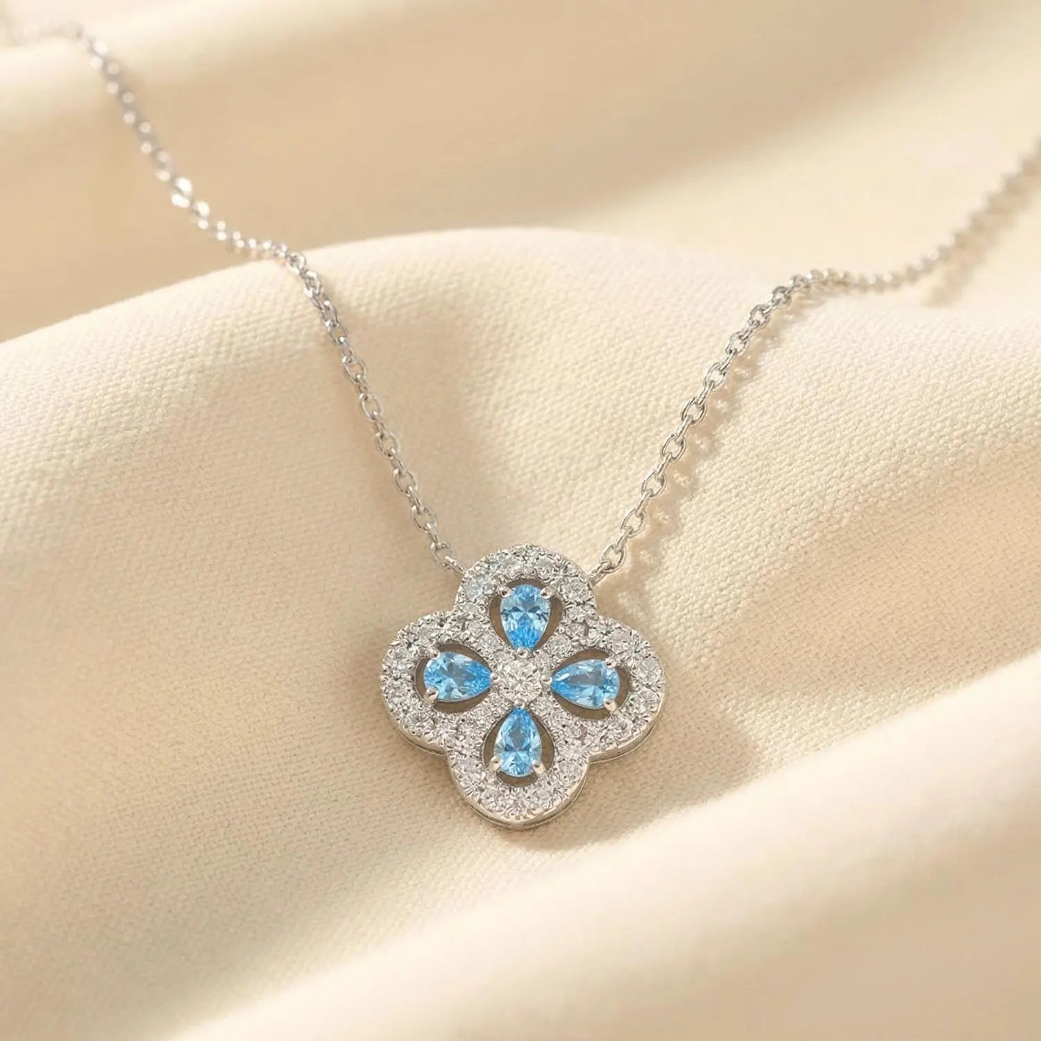 Sterling Silver Blue CZ Clover Charm Pendant Necklace 