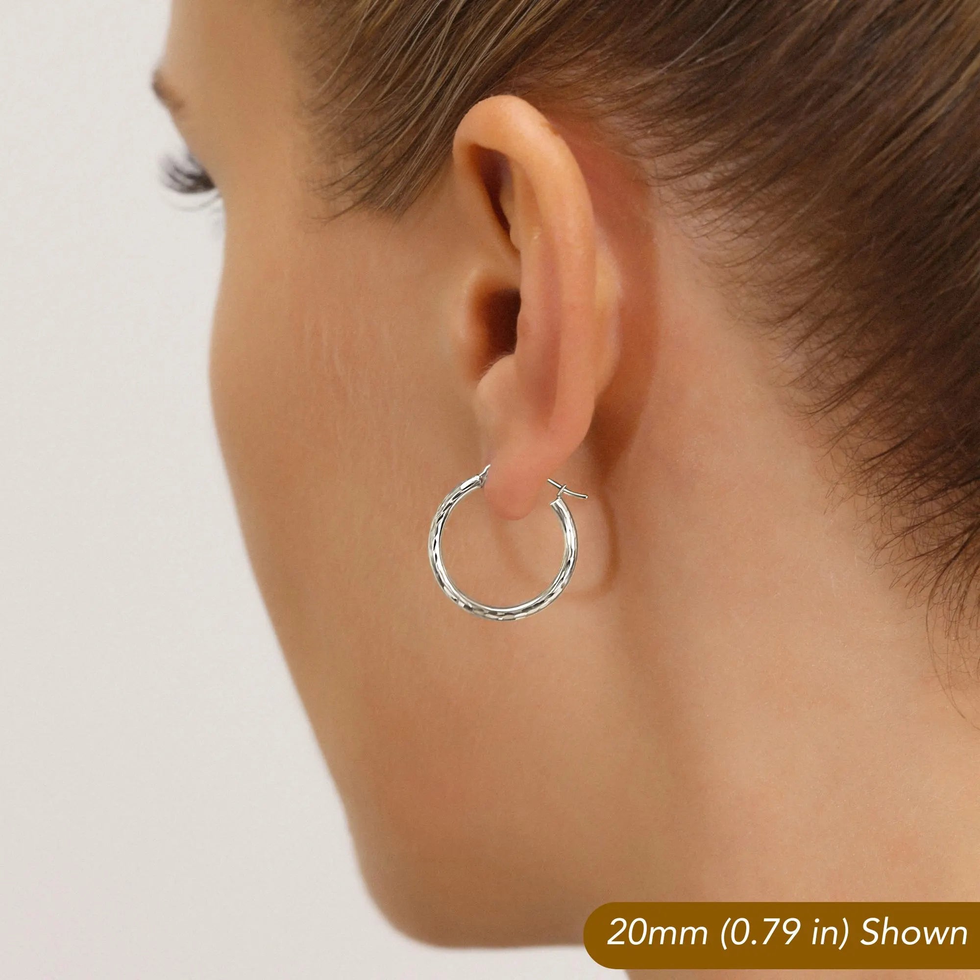 10K White Gold round Diamond-Cut Hoop Earrings, Hand Engraved All around Hoops