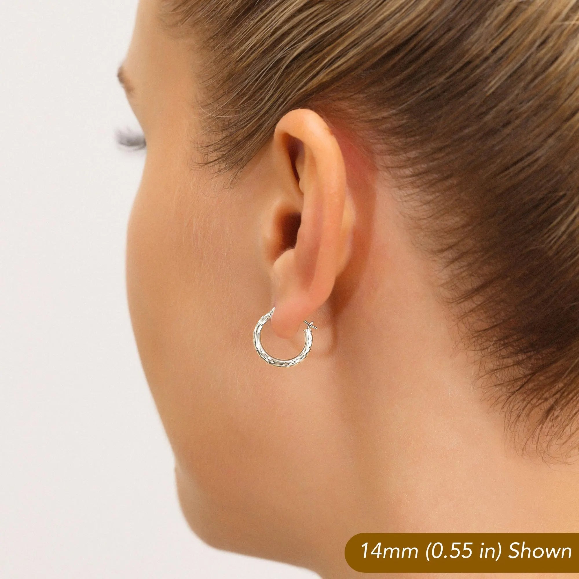 10K White Gold round Diamond-Cut Hoop Earrings, Hand Engraved All around Hoops