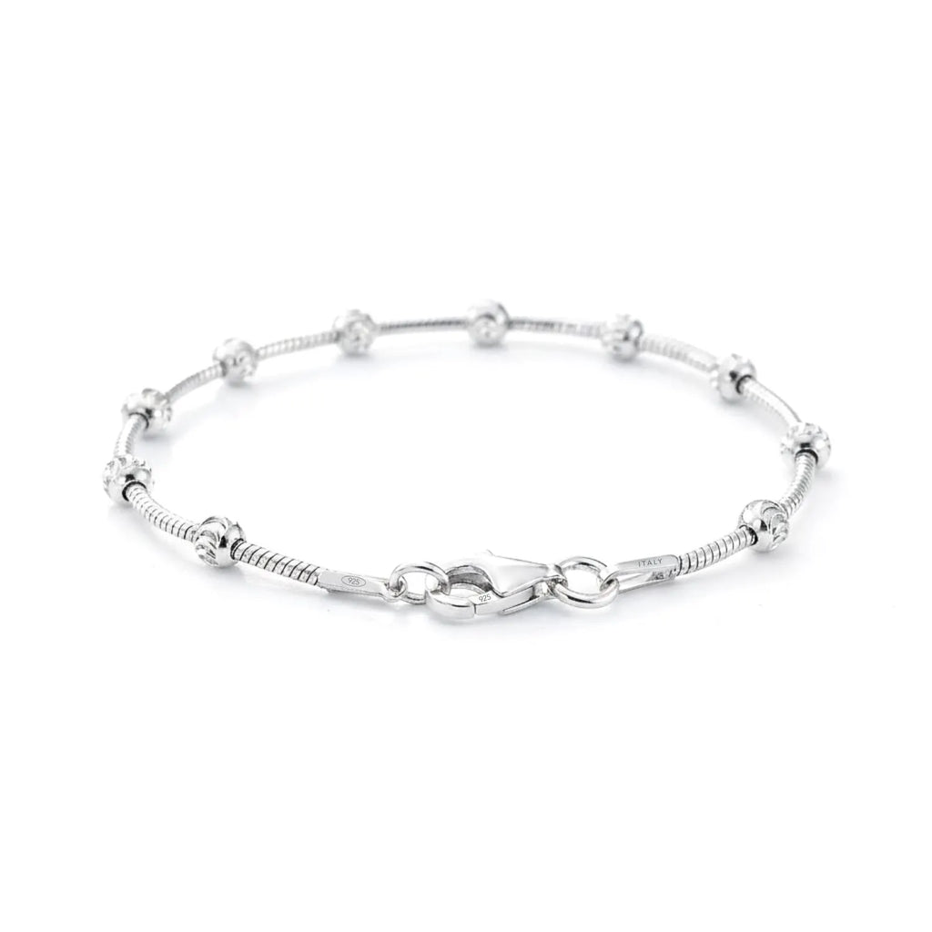 Sterling Silver Diamond-Cut Moon Bracelet, Beaded Ball Station Chain Bracelet, 7", 7.5", with Secure Lobster Lock
