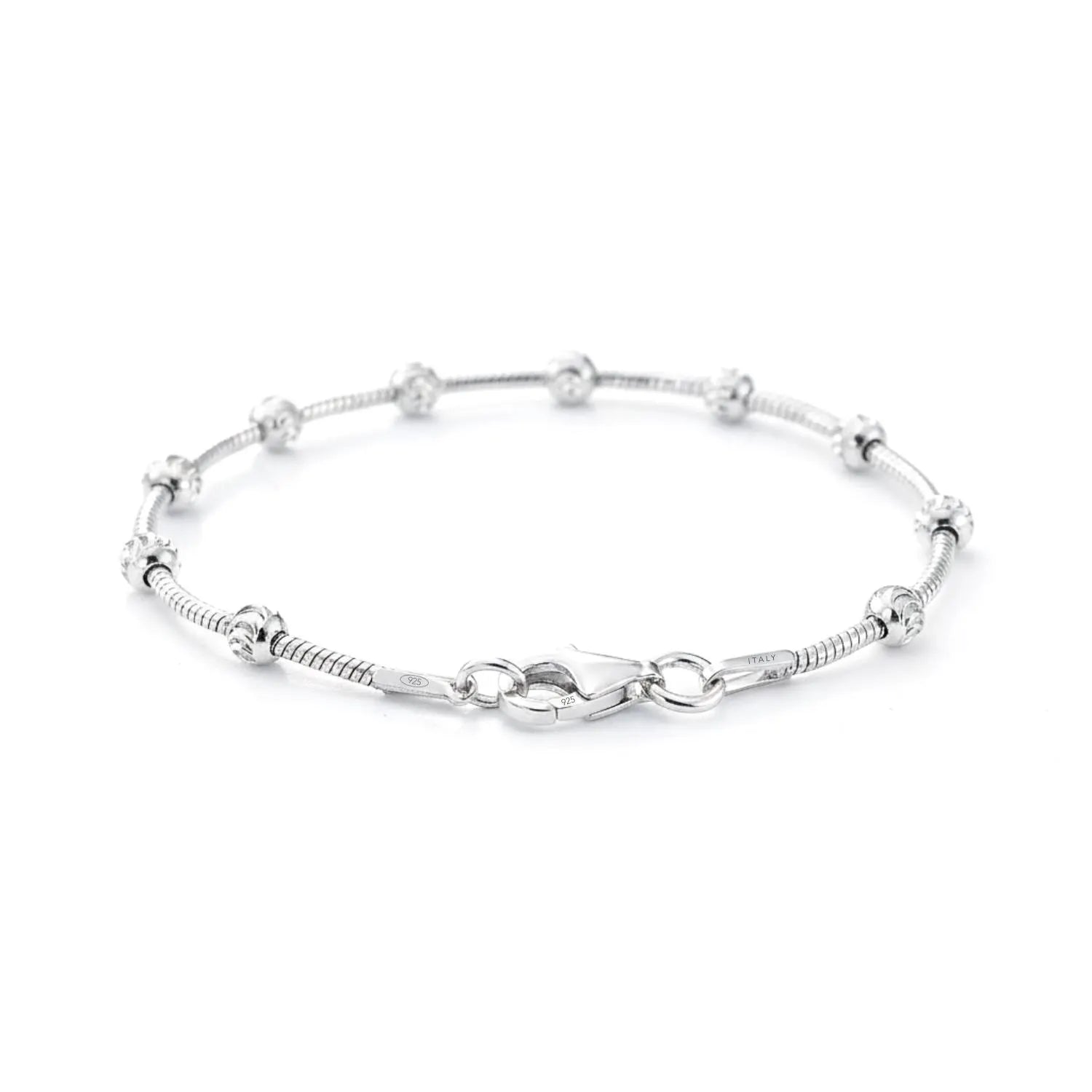 Sterling Silver Diamond-Cut Moon Bracelet, Beaded Ball Station Chain Bracelet, 7", 7.5", with Secure Lobster Lock