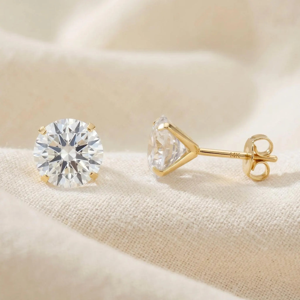14K Gold Round Brilliant-Cut CZ Stud Earrings, Simulated Diamond Pushback Earrings 