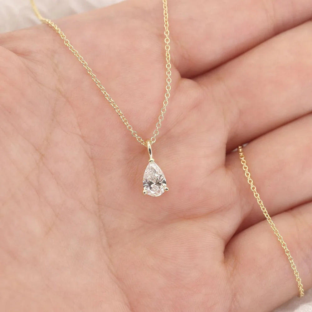 Solitaire Moissanite Pendant Necklace for Women in Pear, Oval, Marquise, and Emerald Cuts - S925 Silver Jewelry, Available in 1CT and 2CT