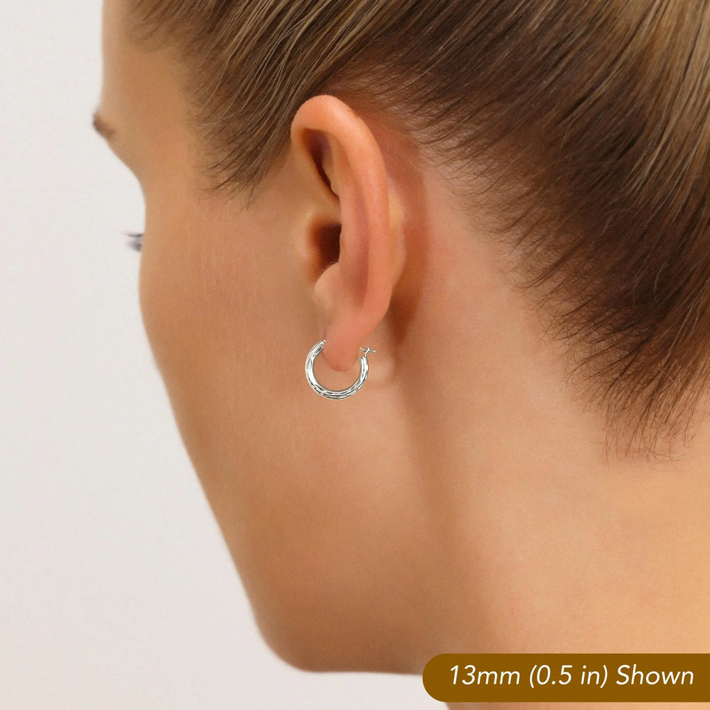 10K White Gold round Diamond-Cut Hoop Earrings, Hand Engraved All around Hoops