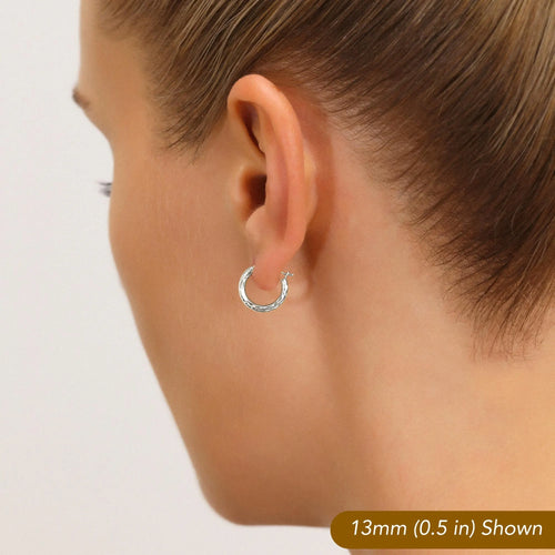 10K White Gold round Diamond-Cut Hoop Earrings, Hand Engraved All around Hoops