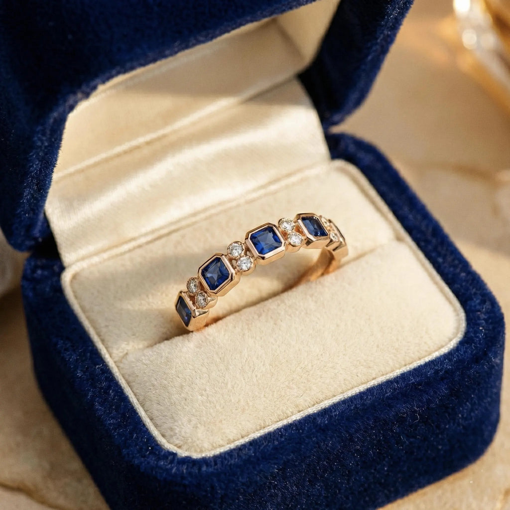 Moissanite and Blue Sapphire Eternity Ring 