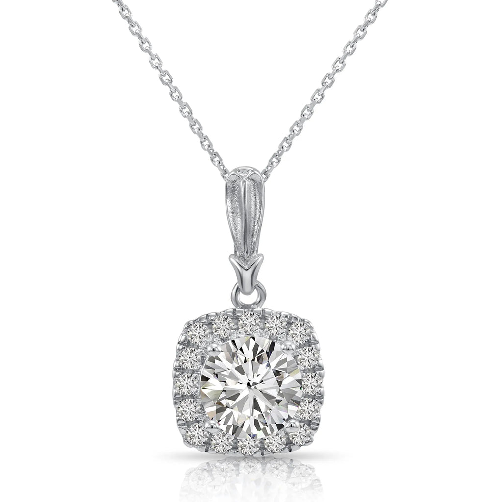 Sterling Silver Round Halo CZ Pendant Necklace 