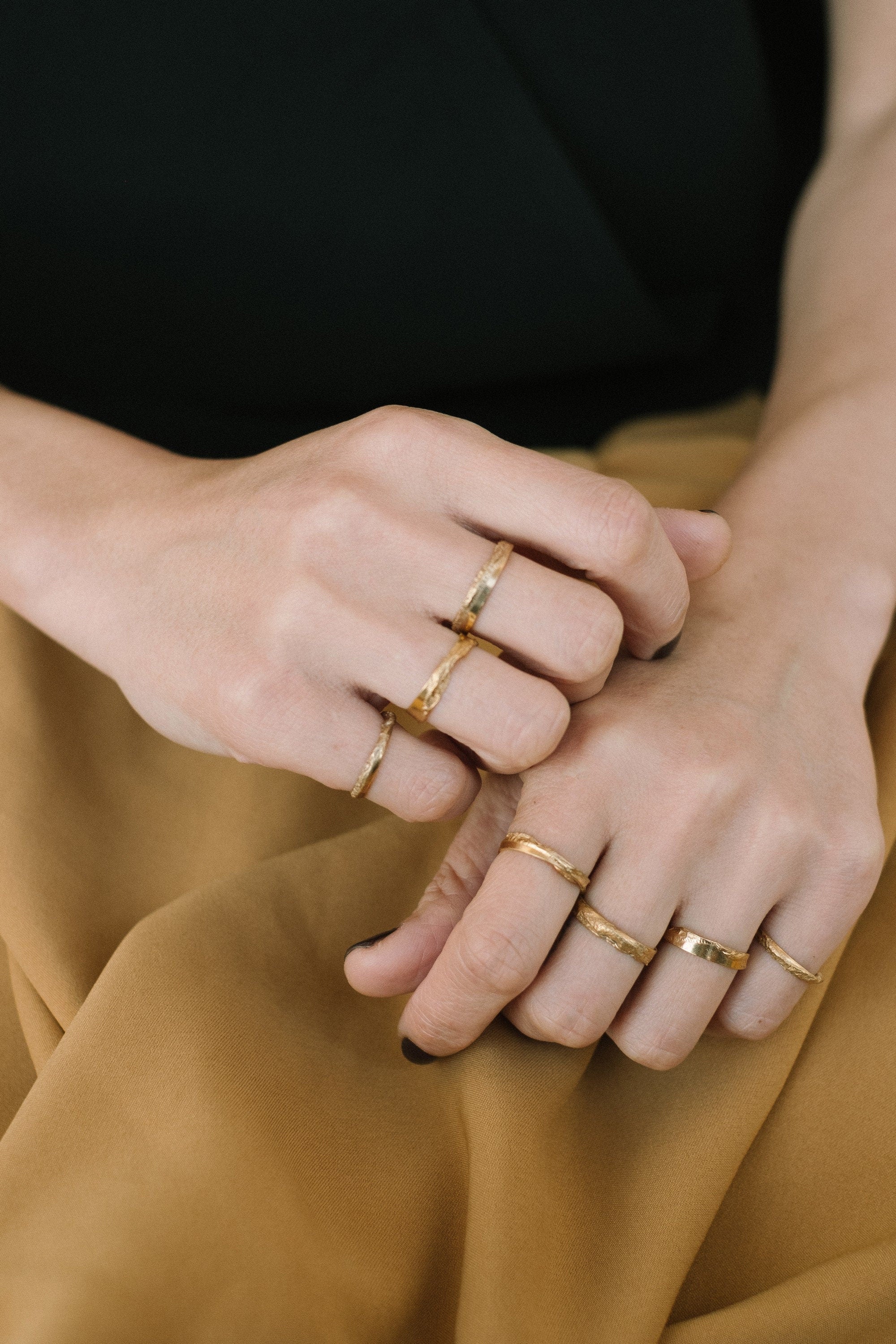 Organic Gold Rings for Women - Unique Hammered Minimalist Textured Rustic Stacking Band Ring