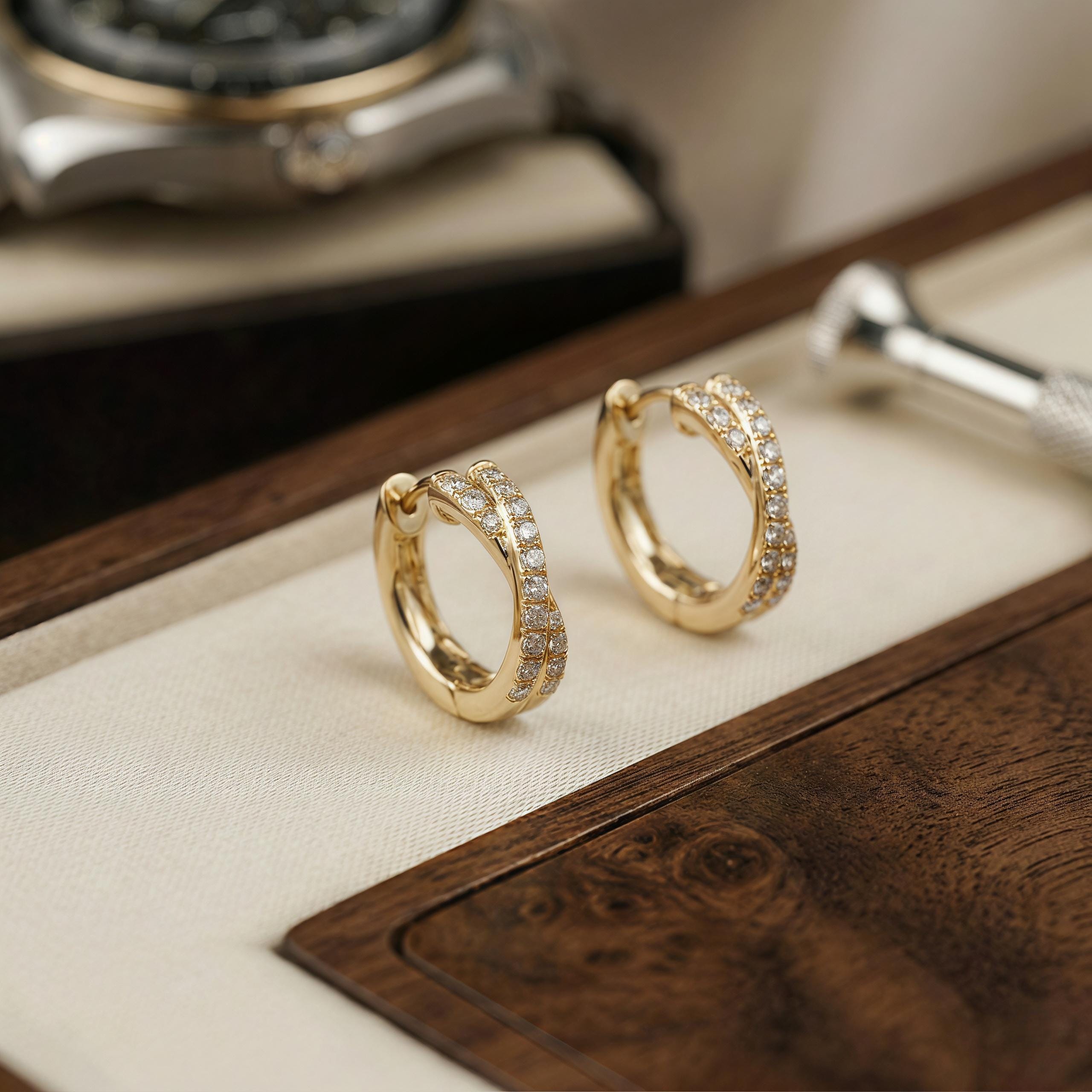 14K Gold Twisted Diamond Hoop Earrings